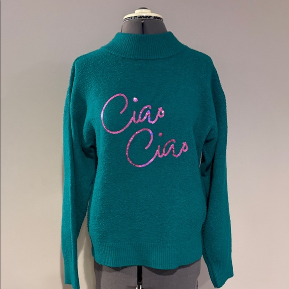 a new day Sweaters - a new day Teal Cowlneck Sweater with Pink Glitter 'Ciao Ciao'